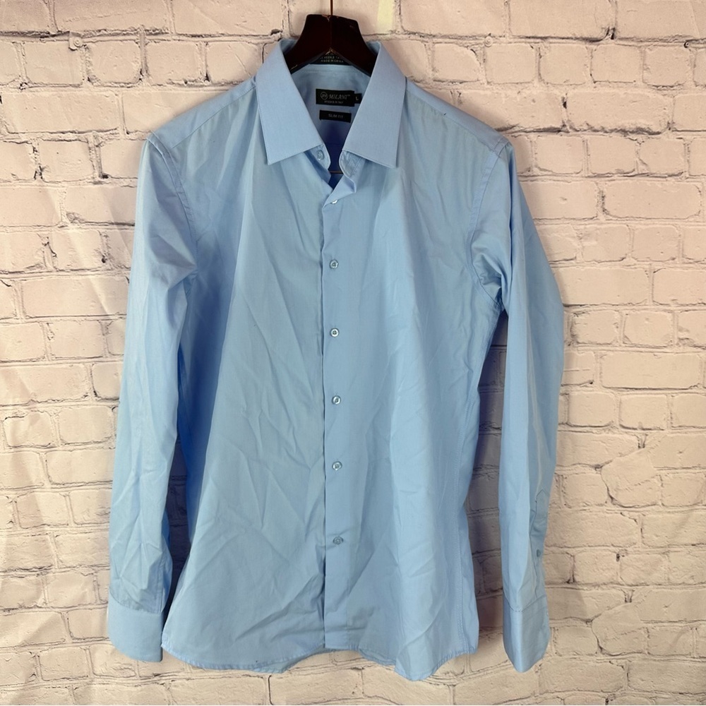 Milani light Blue slim fit Dress Shirt Men L preppy office minimalist executive